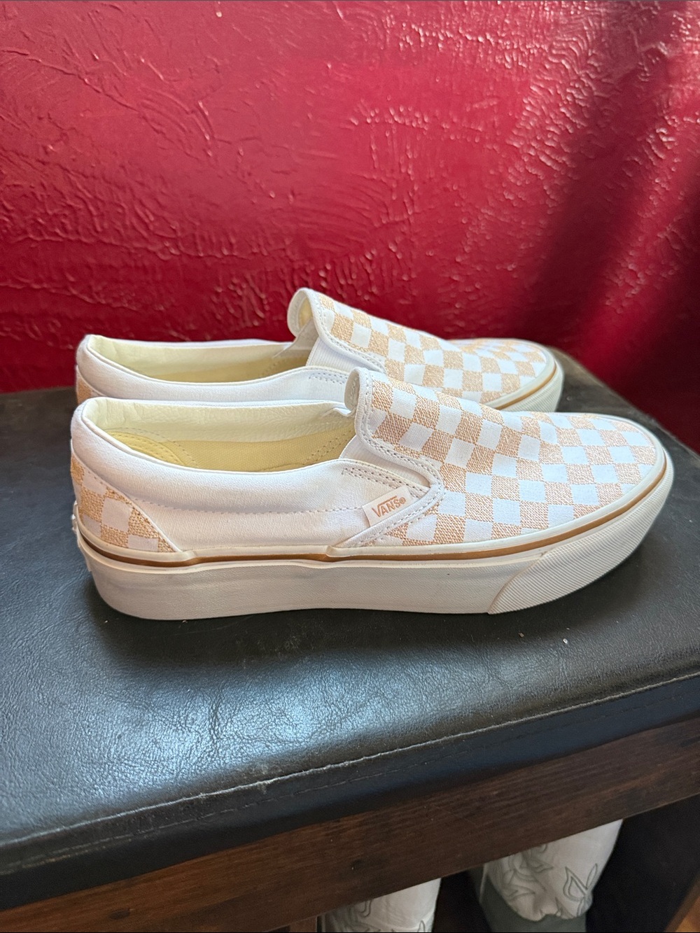 Vans Checkerboard Slip-On Platform Sneakers in Cream and White metallic shiny